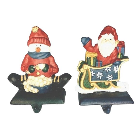 LOT of 2 Santa And Snowman Cast Iron Christmas Stocking Holder Hanger Vintage - Picture 1 of 8